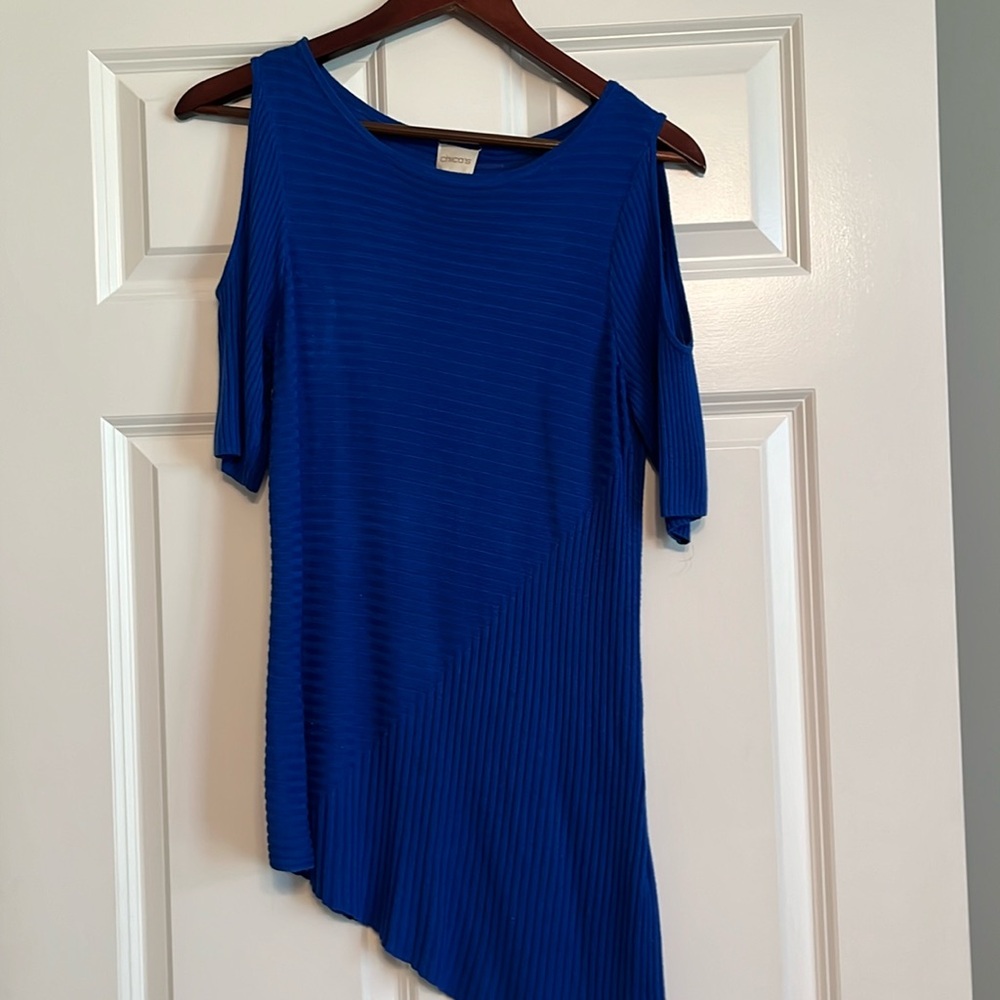 Chico’s Asymmetrical Royal Blue Open Shoulder Top